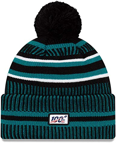 Jacksonville Jaguars New Era NFL Cuffed Pom Knit Beanie Hat Teal/Black Crown/Visor Team Color Logo (2019 Sideline)