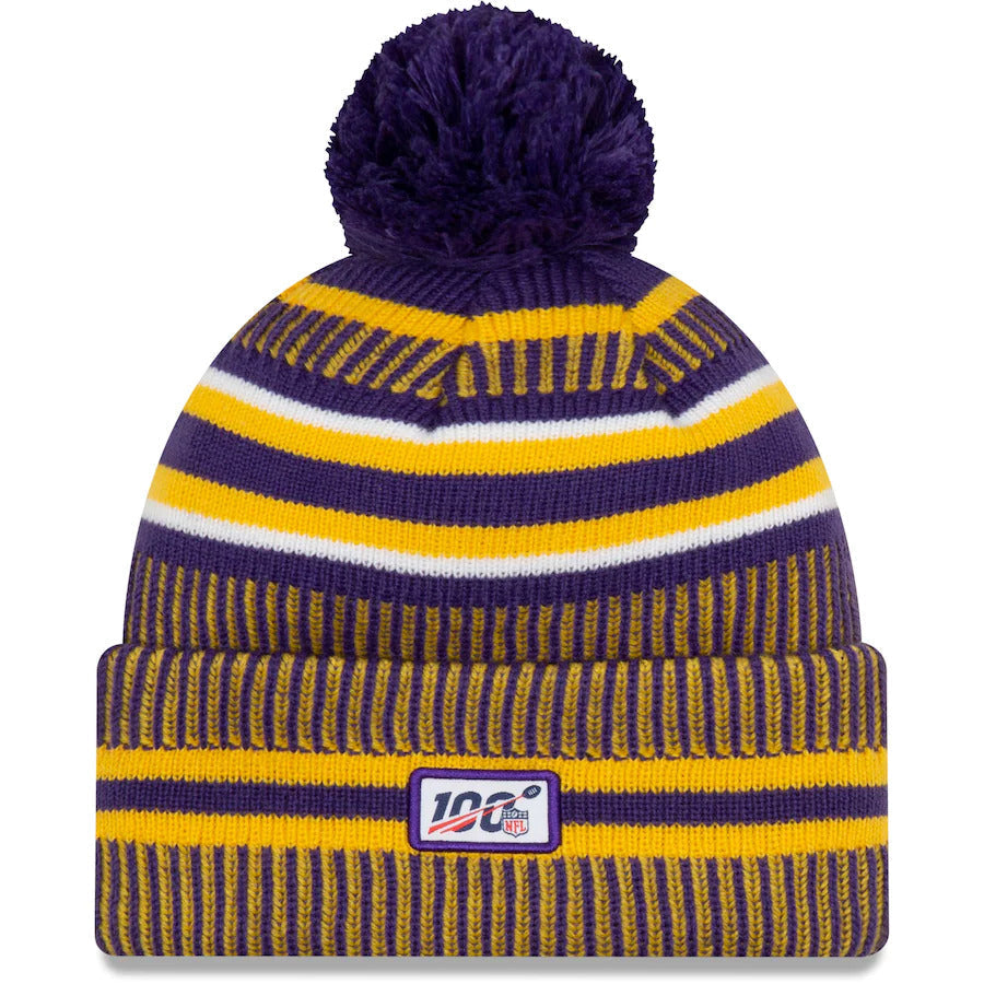 Minnesota Vikings New Era NFL Cuffed Pom Knit Beanie Hat Yellow/Purple Crown/Visor Team Color Logo (2019 Sideline)