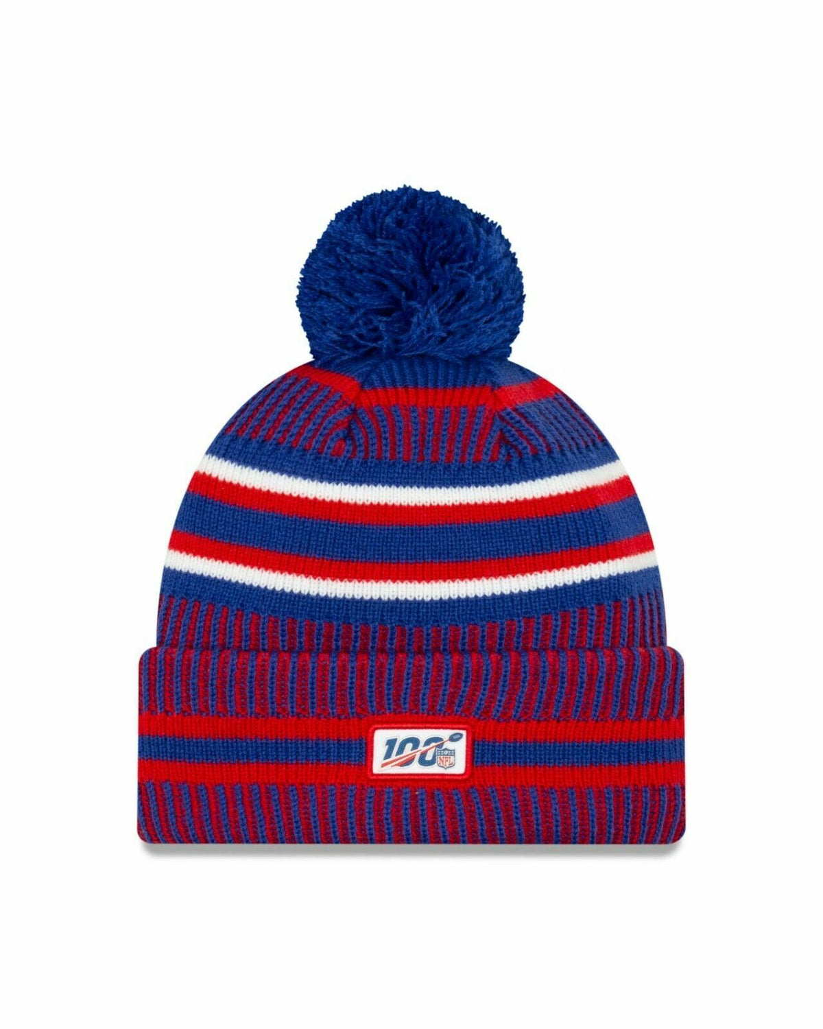 New England Patriots New Era NFL Cuffed Pom Knit Beanie Hat Blue/Red Crown/Visor Team Color Logo (2019 Sideline)