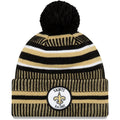 New Orleans Saints New Era NFL Cuffed Pom Knit Beanie Hat Tan/Black Crown/Visor Team Color Logo (2019 Sideline)