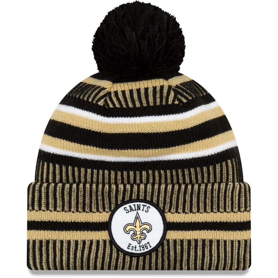New Orleans Saints New Era NFL Cuffed Pom Knit Beanie Hat Tan/Black Crown/Visor Team Color Logo (2019 Sideline)