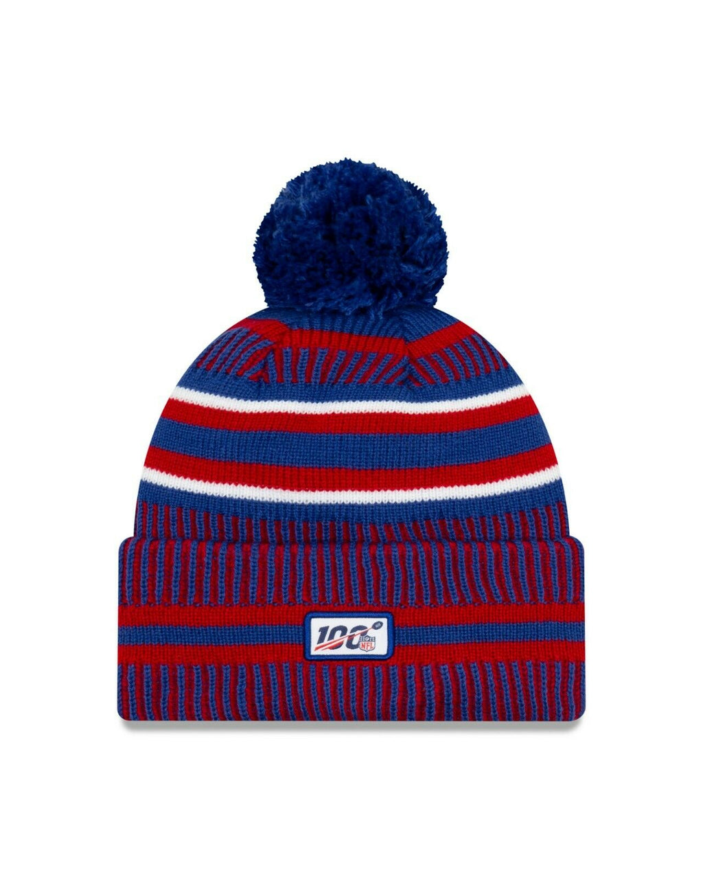 New York Giants New Era NFL Cuffed Pom Knit Beanie Hat Blue/Red Crown/Visor Team Color Logo (2019 Sideline)