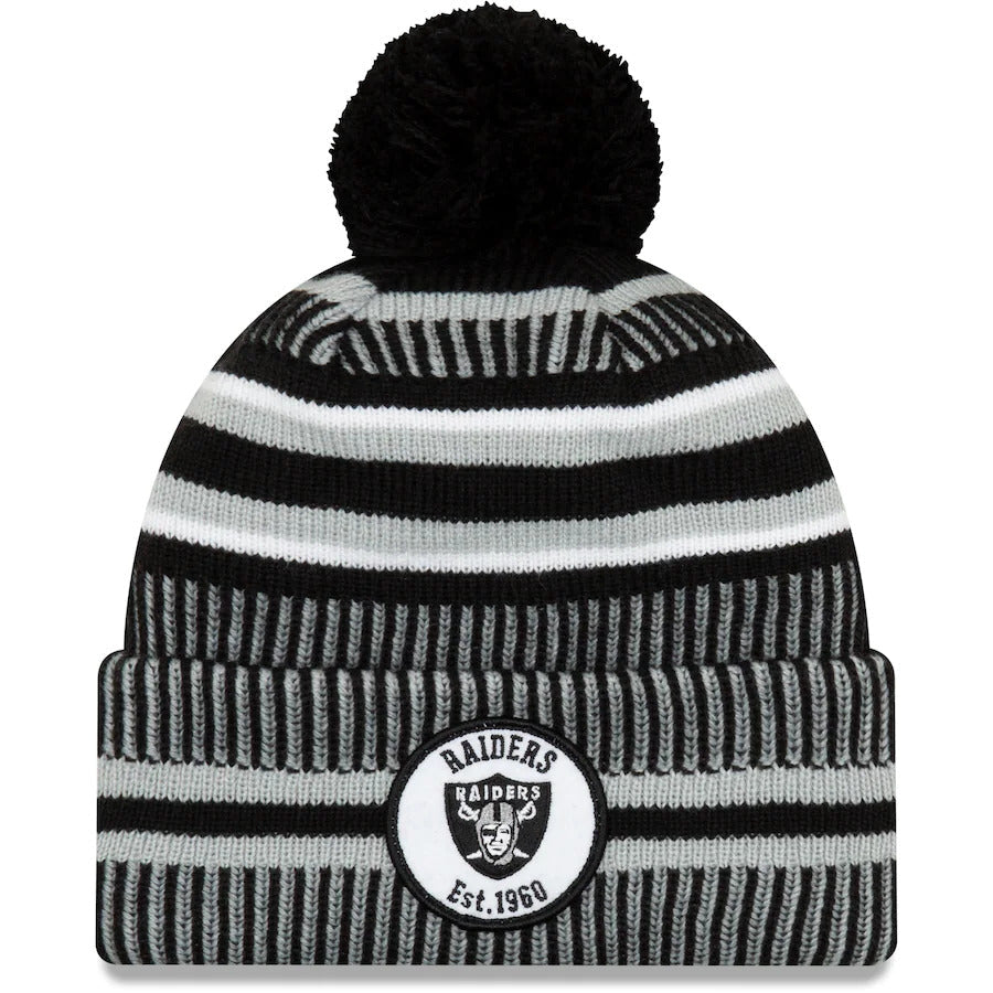 Oakland Raiders New Era NFL Cuffed Pom Knit Beanie Hat Black/Gray Crown/Visor Team Color Logo (2019 Sideline)