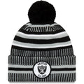 Oakland Raiders New Era NFL Cuffed Pom Knit Beanie Hat Black/Gray Crown/Visor Team Color Logo (2019 Sideline)