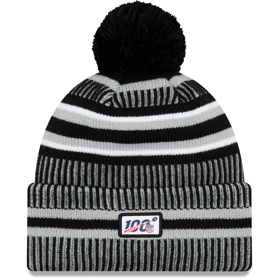 Oakland Raiders New Era NFL Cuffed Pom Knit Beanie Hat Black/Gray Crown/Visor Team Color Logo (2019 Sideline)