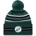 Philadelphia Eagles New Era NFL Cuffed Pom Knit Beanie Hat Green/Black Crown/Visor Team Color Logo (2019 Sideline)