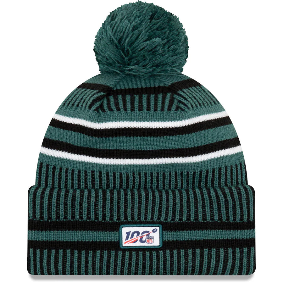 Philadelphia Eagles New Era NFL Cuffed Pom Knit Beanie Hat Green/Black Crown/Visor Team Color Logo (2019 Sideline)