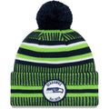 Seattle Seahawks New Era NFL Cuffed Pom Knit Beanie Hat Green/Navy Blue Crown/Visor Team Color Logo (2019 Sideline)