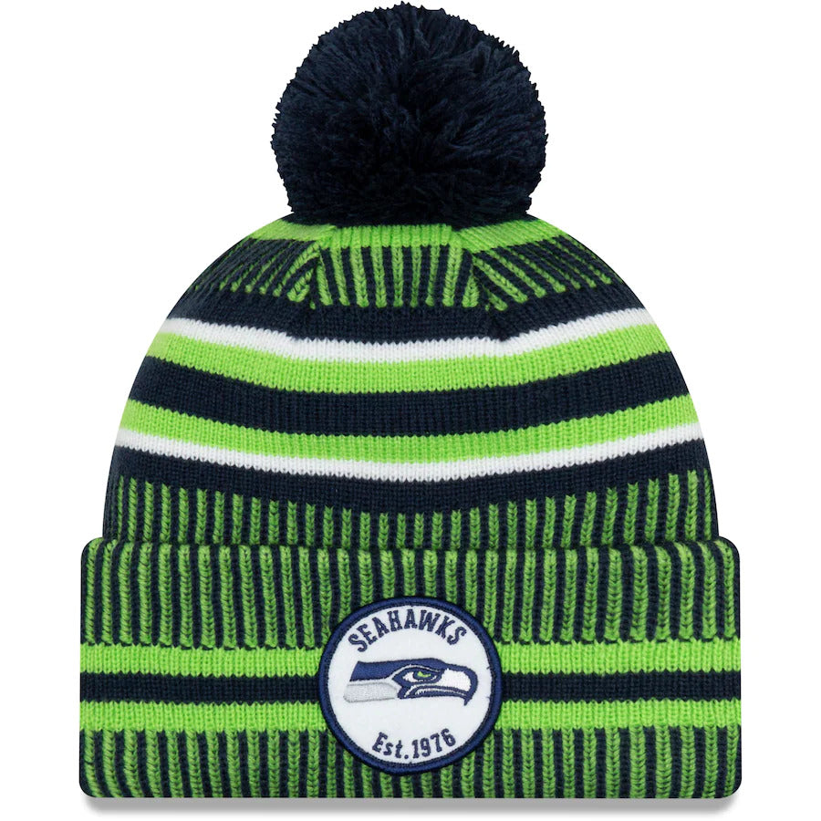 Seattle Seahawks New Era NFL Cuffed Pom Knit Beanie Hat Green/Navy Blue Crown/Visor Team Color Logo (2019 Sideline)