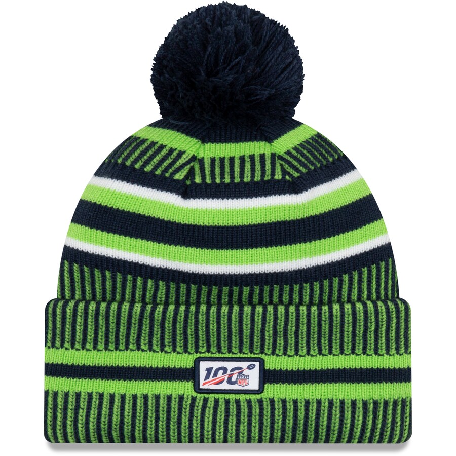 Seattle Seahawks New Era NFL Cuffed Pom Knit Beanie Hat Green/Navy Blue Crown/Visor Team Color Logo (2019 Sideline)