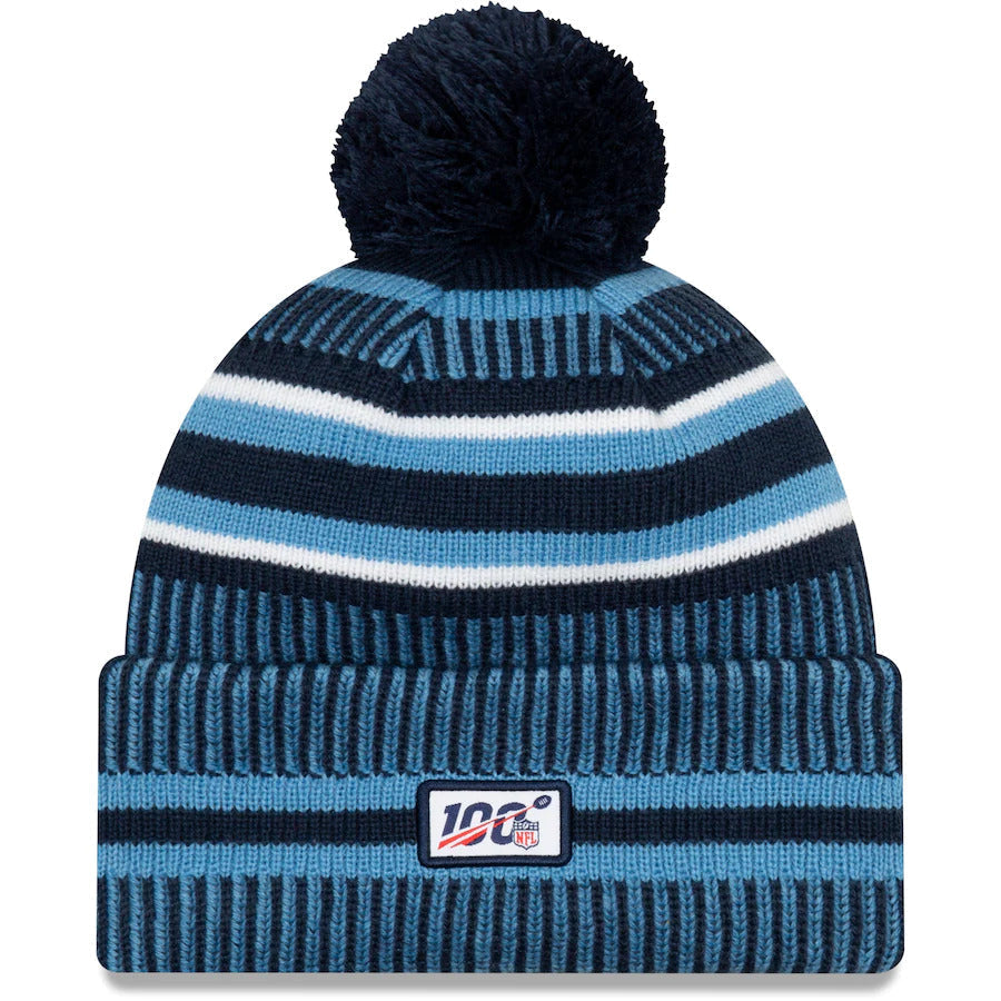 Tennessee Titans New Era NFL Cuffed Pom Knit Beanie Hat Sky Blue/Navy Crown/Visor Team Color Logo (2019 Sideline)
