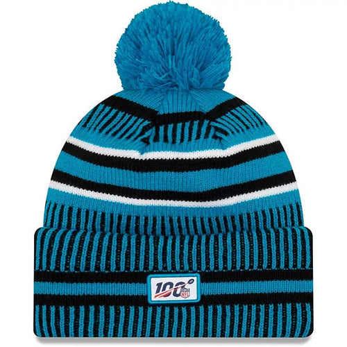 Carolina Panthers New Era NFL Home Cuffed Pom Knit Beanie Hat Sky Blue/Navy Crown/Visor Team Color Logo (2019 Sideline)