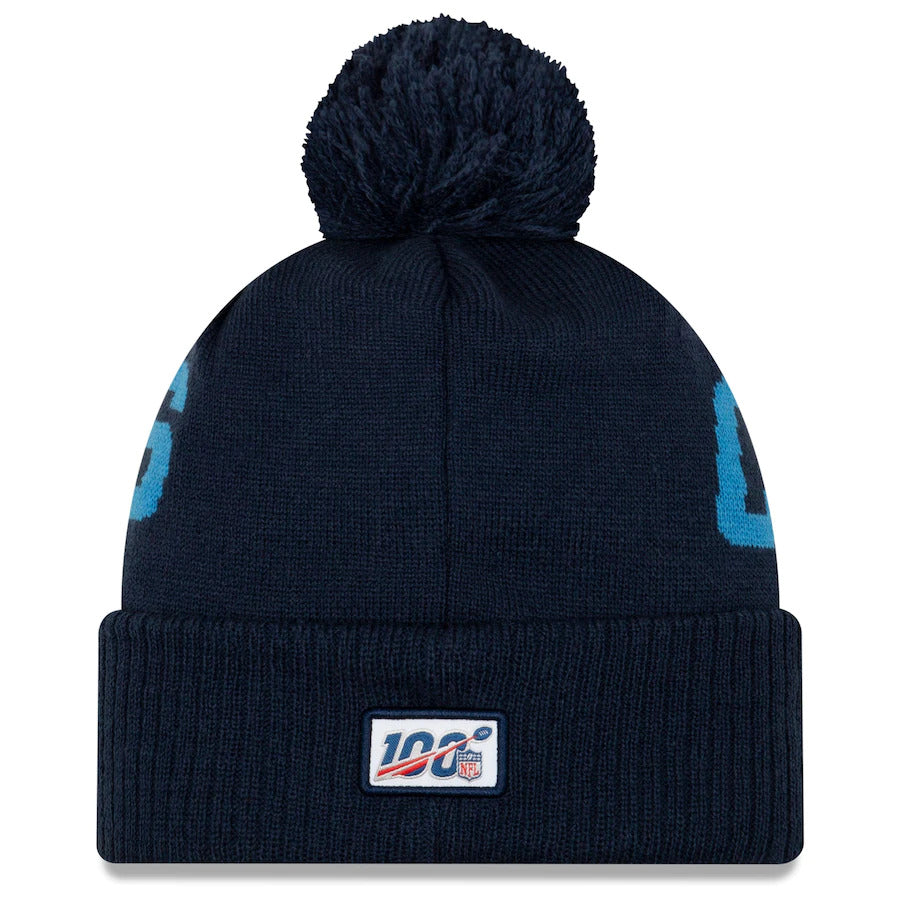 Los Angeles Chargers New Era NFL Road Cuffed Pom Knit Beanie Hat Navy Blue/Sky Blue Crown/Visor Team Color Logo (2019 Sideline)