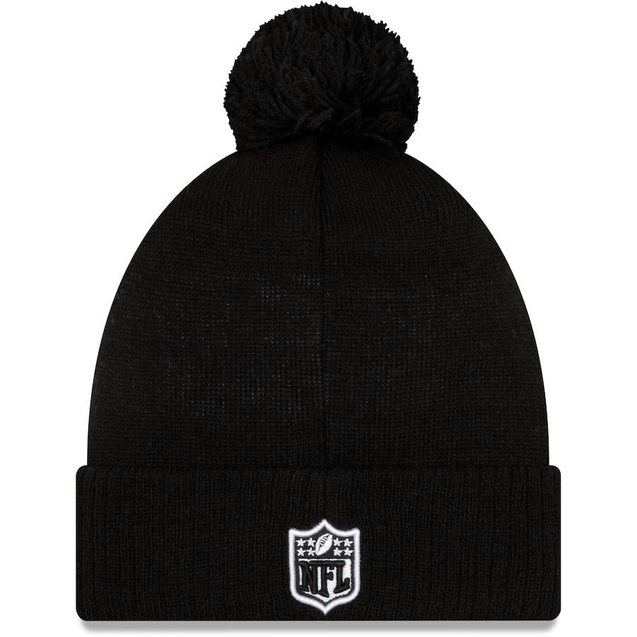 Oakland Raiders New Era NFL Road Cuffed Pom Knit Beanie Hat Black/White Crown/Visor Team Color Logo (2019 Sideline)