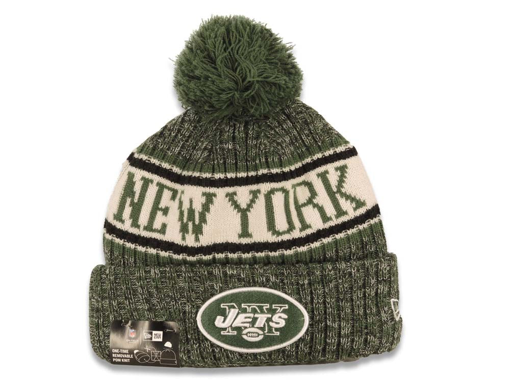 New York Jets New Era NFL Cuffed Pom Sideline Beanie/Knit Hat Green/White Crown/Visor Team Color Logo