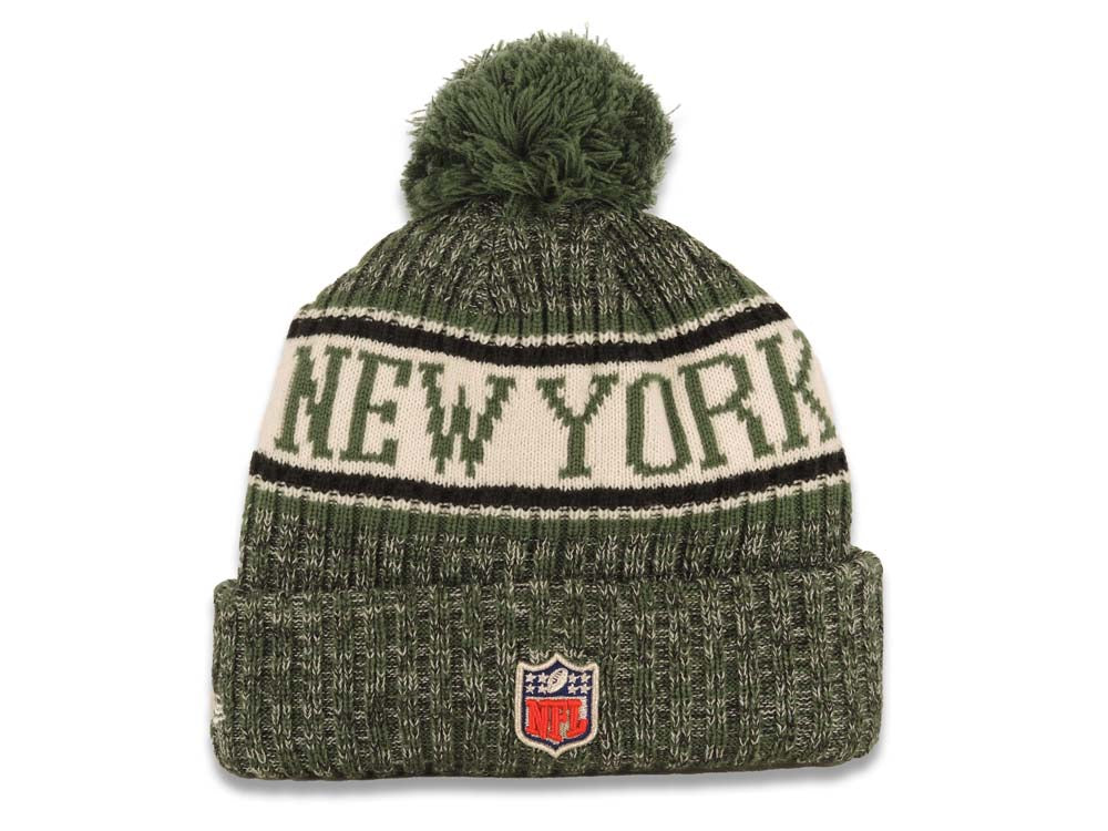 New York Jets New Era NFL Cuffed Pom Sideline Beanie/Knit Hat Green/White Crown/Visor Team Color Logo