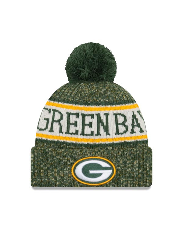 Green Bay Packers New Era NFL Cuffed Pom Knit Beanie Hat Green/Yellow Crown/Visor Team Color Logo (2018 Sideline)