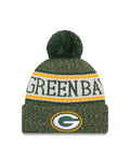 Green Bay Packers New Era NFL Cuffed Pom Knit Beanie Hat Green/Yellow Crown/Visor Team Color Logo (2018 Sideline)