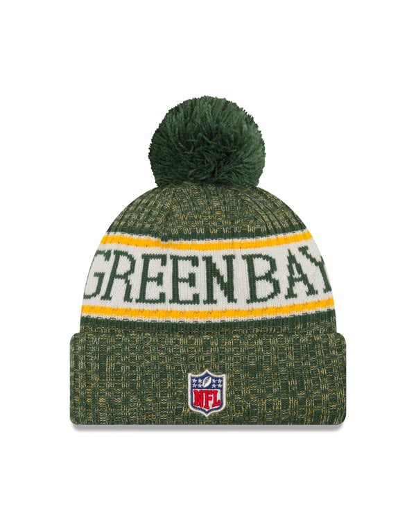Green Bay Packers New Era NFL Cuffed Pom Knit Beanie Hat Green/Yellow Crown/Visor Team Color Logo (2018 Sideline)