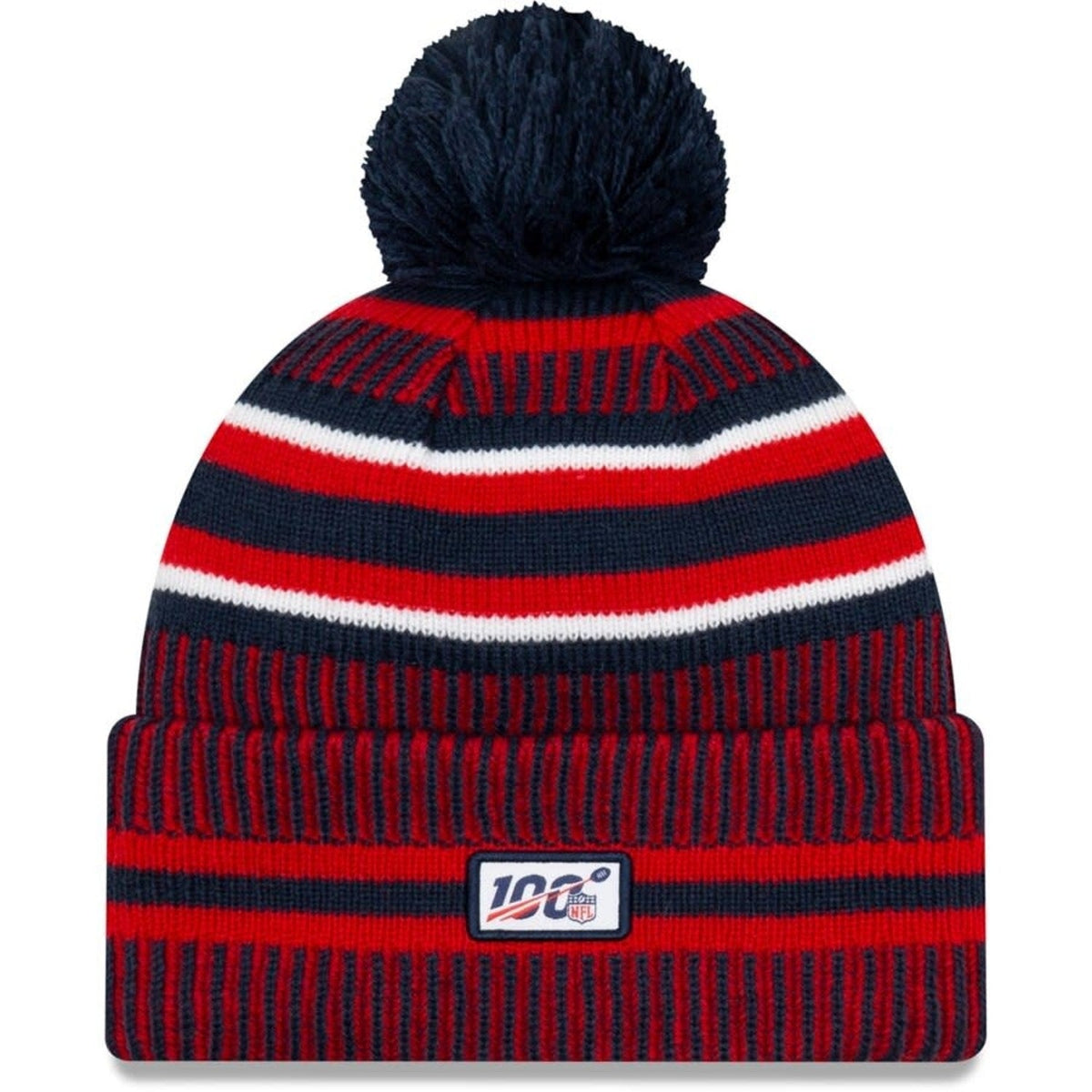 New England Patriots New Era NFL Cuffed Pom Knit Beanie Hat Navy Blue/Red Crown/Visor Team Color Logo (2019 Sideline)