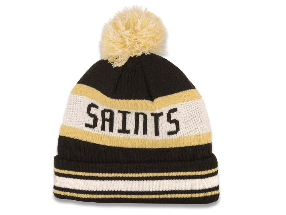 New Orleans Saints New Era NFL Cuffed Pom Jake Beanie/Knit Hat Black/Wheat/White Crown/Visor Team Color Logo
