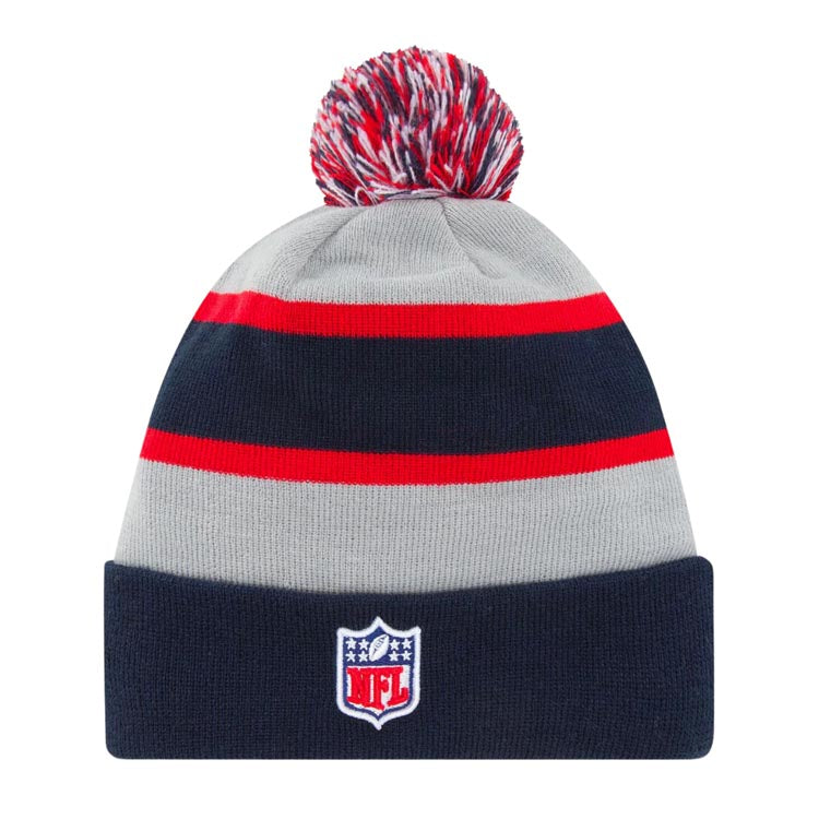 New England Patriots New Era NFL Cuffed Pom Knit Beanie Hat Navy Blue/Red/Gray Crown/Visor Team Color Logo (2013 Sideline)