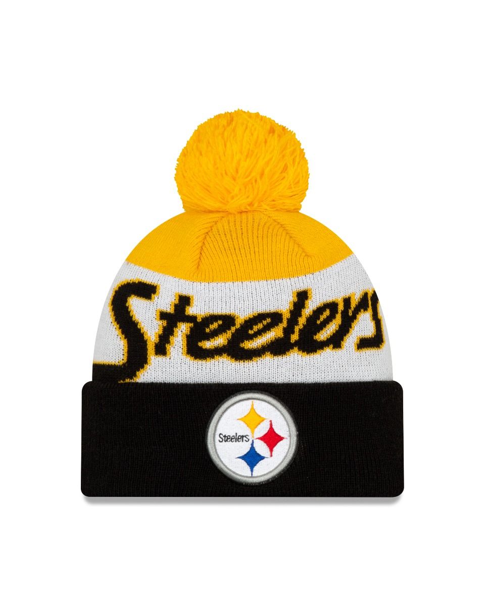 Pittsburgh Steelers New Era NFL Cuffed Pom Knit Beanie Hat Black/Yellow/White Crown/Visor Script A3 Team Color Logo