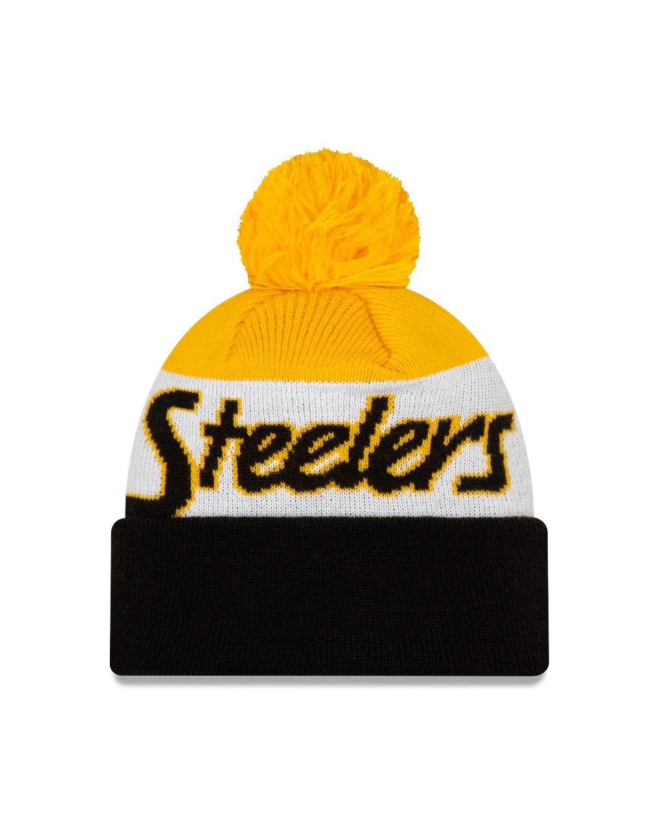 Pittsburgh Steelers New Era NFL Cuffed Pom Knit Beanie Hat Black/Yellow/White Crown/Visor Script A3 Team Color Logo