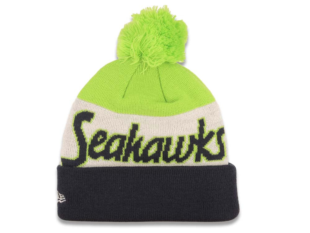 Seattle Seahawks New Era NFL Cuffed Pom Script A3 Beanie/Knit Hat Green/White/Navy Blue Crown/Visor Team Color Logo