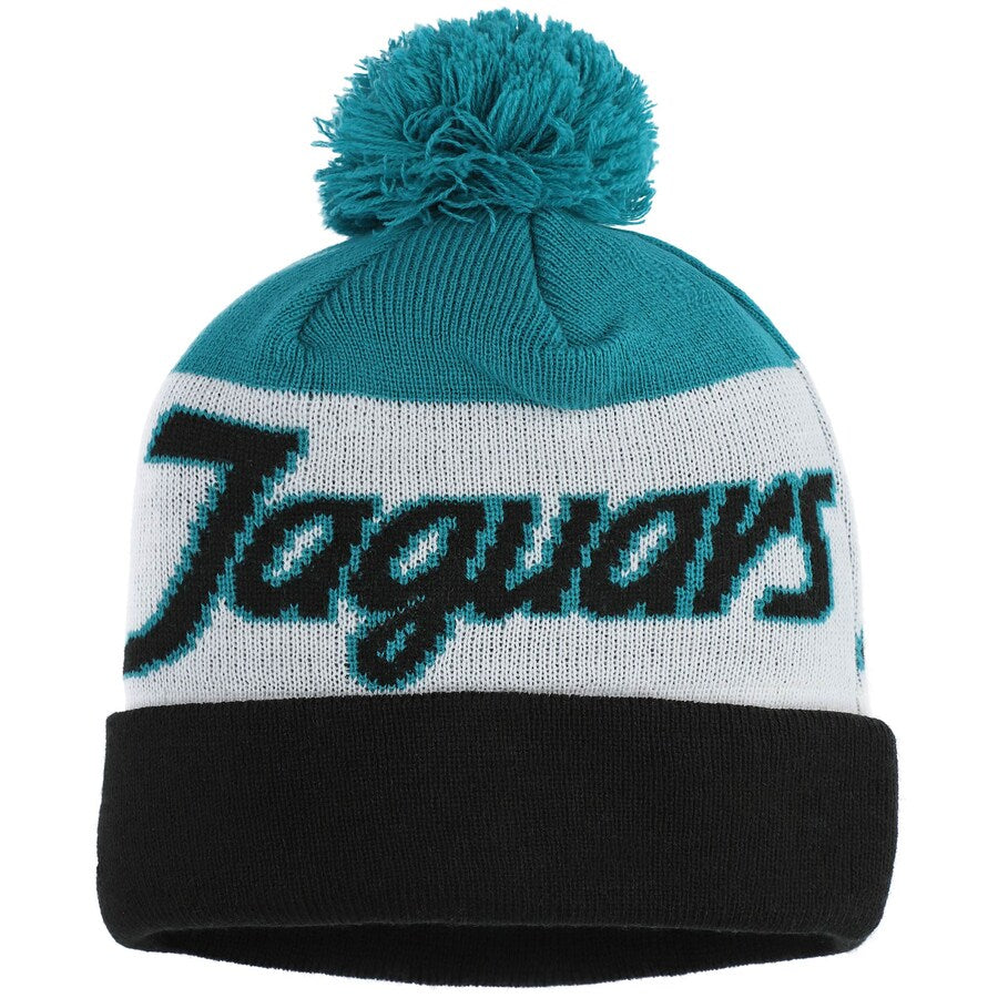 Jacksonville Jaguars New Era NFL Cuffed Pom Knit Hat Black/Turquoise /White Crown/Visor Team Color Logo