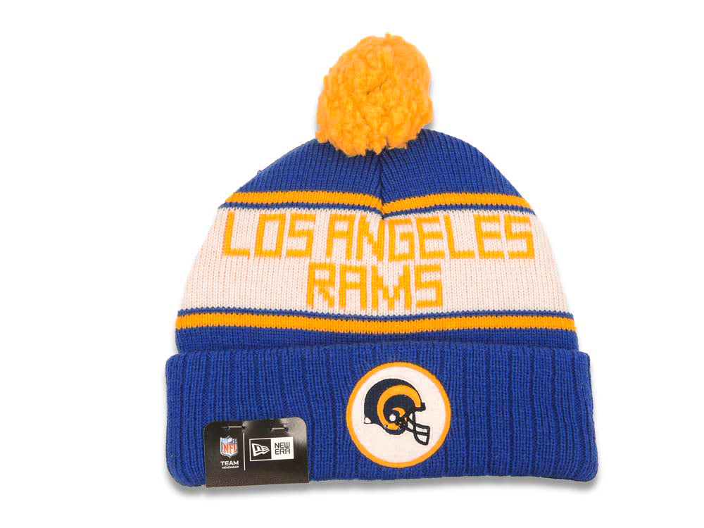 Los Angeles Rams New Era NFL Cuffed Makers A3 Pom Knit Hat Royal Blue/White/Yellow Crown/Visor Team Color Logo