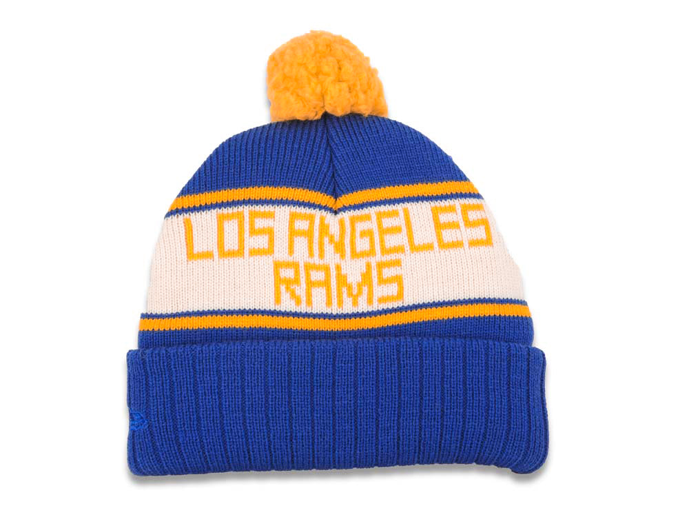Los Angeles Rams New Era NFL Cuffed Makers A3 Pom Knit Hat Royal Blue/White/Yellow Crown/Visor Team Color Logo