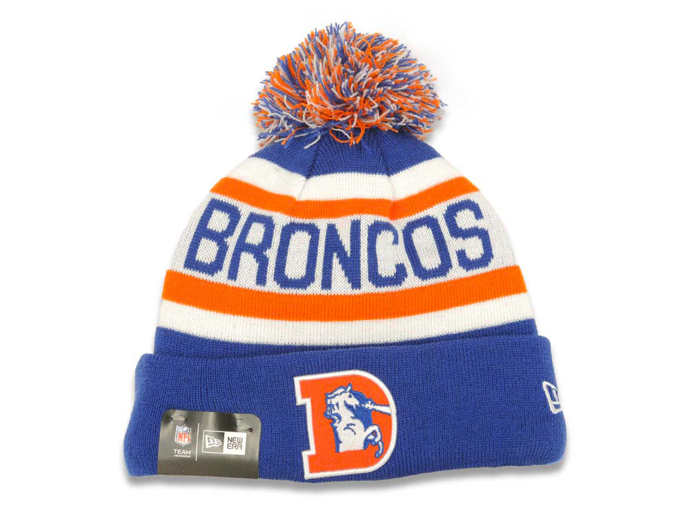 Denver Broncos New Era NFL Cuffed Pom Knit Beanie Hat Sky Blue/White/Yellow Crown/Visor Team Color Logo