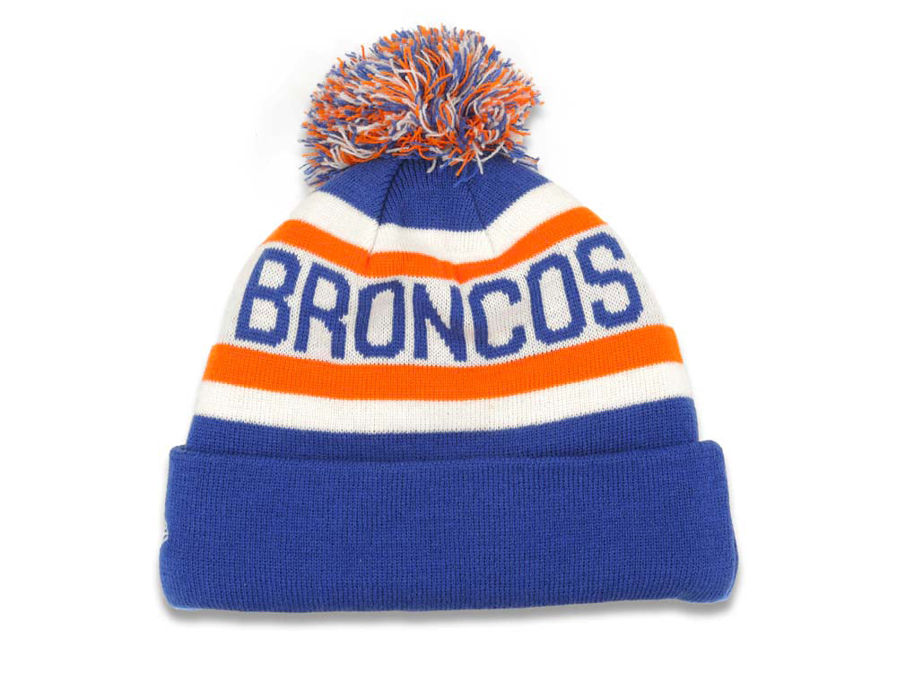 Denver Broncos New Era NFL Cuffed Pom Knit Beanie Hat Sky Blue/White/Yellow Crown/Visor Team Color Logo