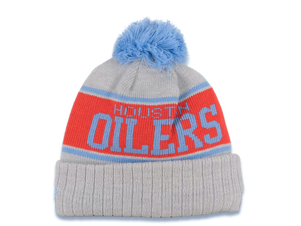 Houston Oilers New Era Cuffed Pom Stripe A3 Beanie/Knit Hat Gray/Sky Blue/Red Crown/Visor Team Color Logo