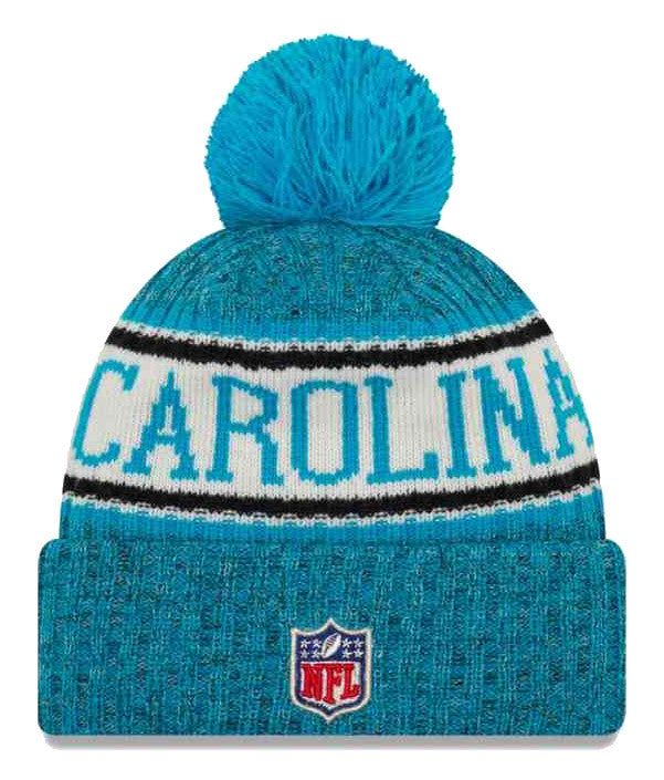 Carolina Panthers New Era NFL 2018 Sideline Cuffed Pom Knit Hat Aqua Blue Crown/Visor Team Color Logo