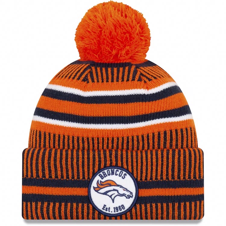 Denver Broncos New Era NFL 2019 Sideline Cuffed Pom Knit Hat Navy Blue/Orange Crown/Visor Team Color Logo