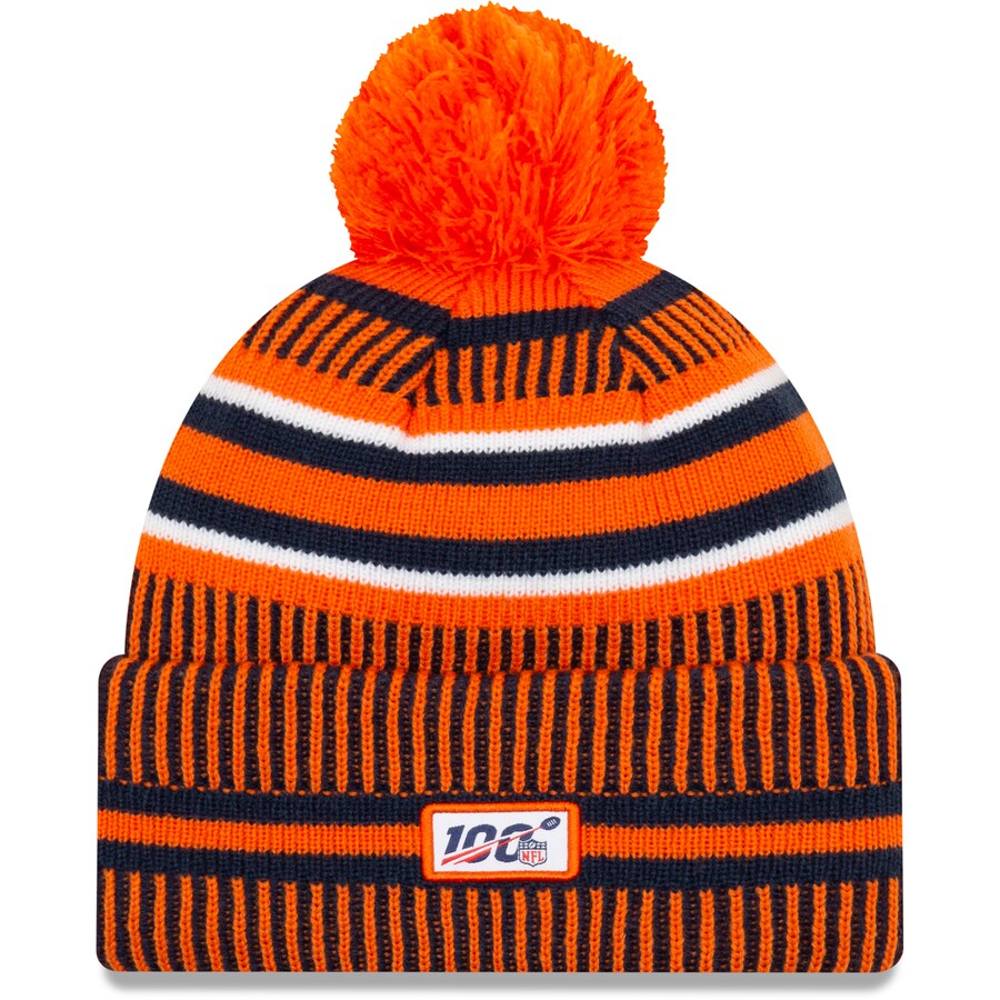 Denver Broncos New Era NFL 2019 Sideline Cuffed Pom Knit Hat Navy Blue/Orange Crown/Visor Team Color Logo