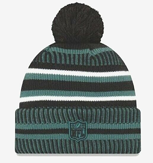 Philadelphia Eagles New Era NFL 2019 Sideline Cuffed Pom Knit Hat Dark Green/Black/White Crown/Visor Team Color Logo