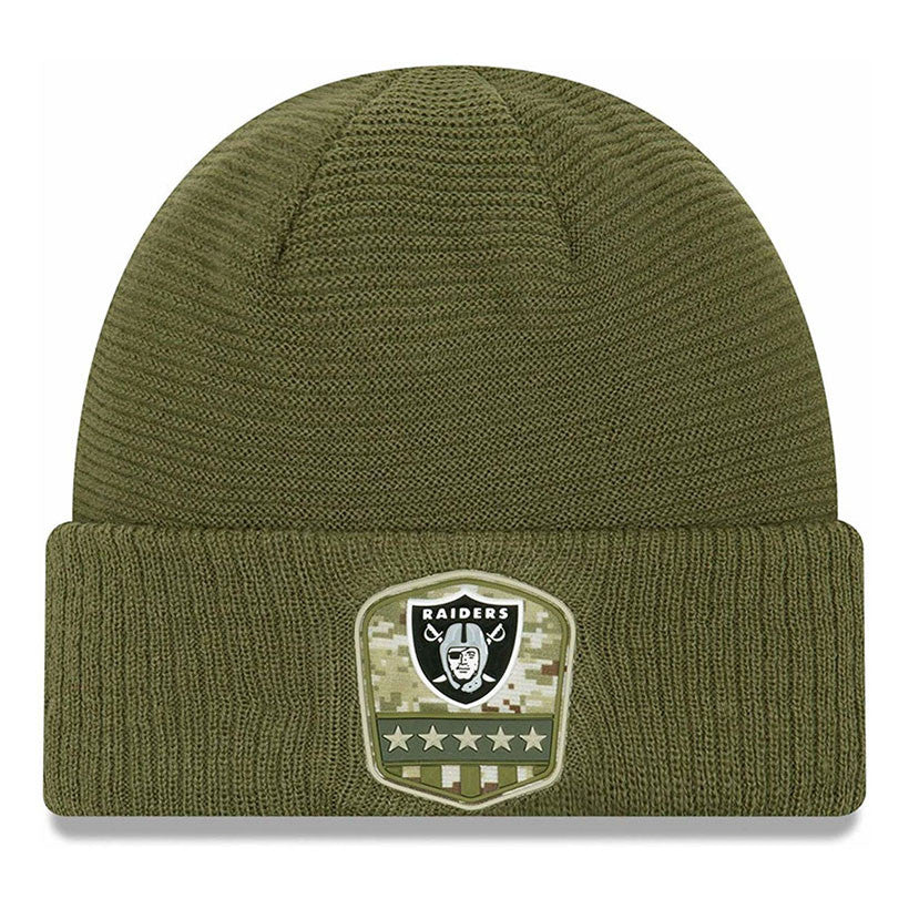 Oakland Raiders New Era NFL 2019 Salute To Service Cuffed Knit Beanie Hat Olive Green Crown/Visor Team Color Logo