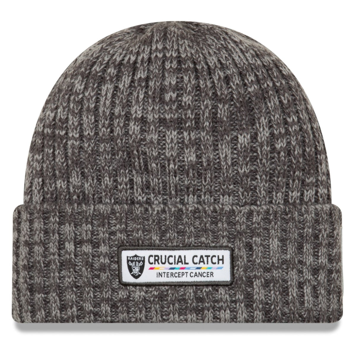 Oakland Raiders New Era NFL Cuffed Knit Beanie Hat Dark Gray/Gray Crown/Visor Team Color Logo (Crucial Catch Intercept Cancer))