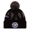 Baltimore Ravens New Era NFL Cuffed Pom Knit Beanie Hat Black/Gray/Purple Crown/Visor Team Color Logo (2020 Sideline)