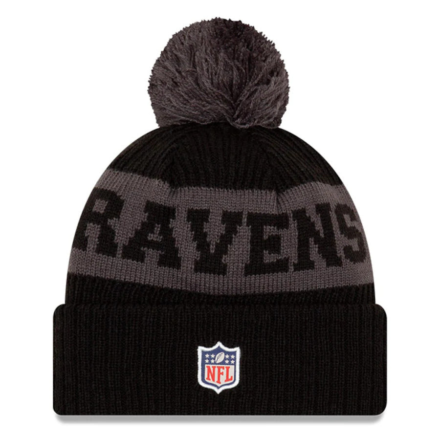 Baltimore Ravens New Era NFL Cuffed Pom Knit Beanie Hat Black/Gray/Purple Crown/Visor Team Color Logo (2020 Sideline)