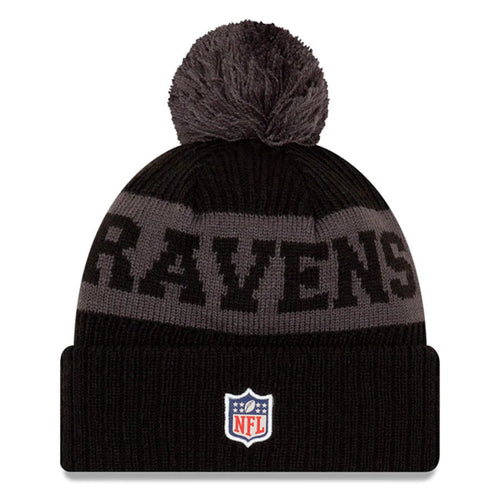 Baltimore Ravens New Era NFL Cuffed Pom Knit Beanie Hat Black/Gray/Purple Crown/Visor Team Color Logo (2020 Sideline)