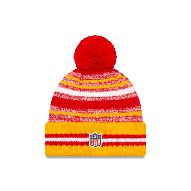 Kansas City Chiefs New Era NFL 2021 Sideline Sport Official Pom Cuffed Knit Beanie Yellow/Red Team Color