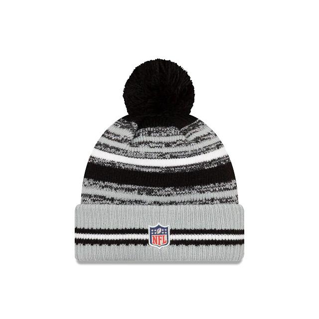 Las Vegas Raiders New Era NFL 2021 Sideline Sport Official Pom Cuffed Knit Beanie Gray/Black Team Color