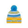 Los Angeles Chargers New Era NFL2021 Sideline Sport Official Cuffed Pom Knit Sky Blue/White/Yellow Team Color Logo