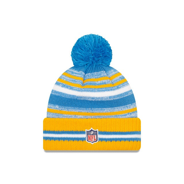 Los Angeles Chargers New Era NFL2021 Sideline Sport Official Cuffed Pom Knit Sky Blue/White/Yellow Team Color Logo