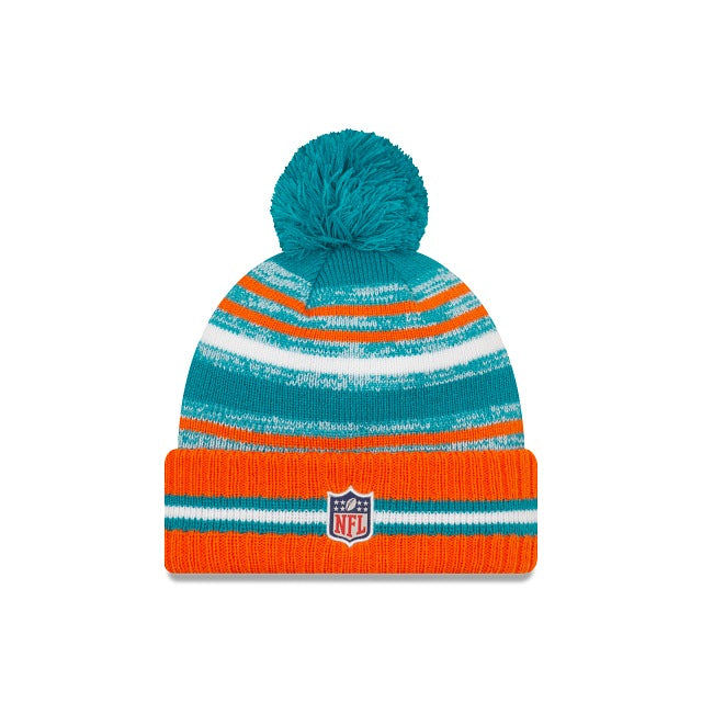 Miami Dolphins New Era NFL 2021 Sideline Sport Official Cuffed Pom Knit Teal/White/Orange Team Color Logo