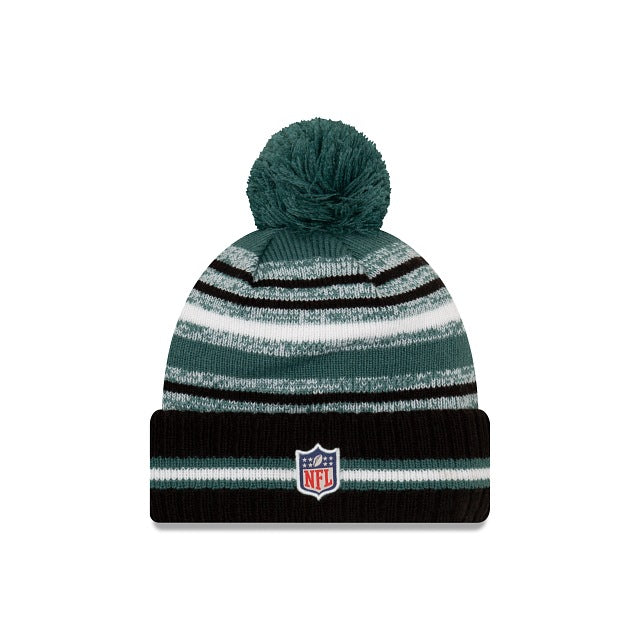 Philadelphia Eagles New Era NFL 22021 Sideline Sport Official Cuffed Pom Knit Hat Green/White/Black Crown/Visor Team Color Logo